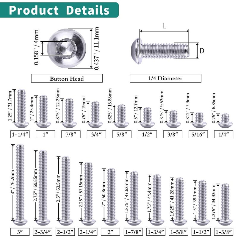 EASTLO 1/4-20 x 1-3/4" Button Head Socket Cap Bolts Screws, 304 Stainless Steel 18-8, Allen Hex Drive, Bright Finish, Fully Machine Thread, Pack of 25 - Image 4